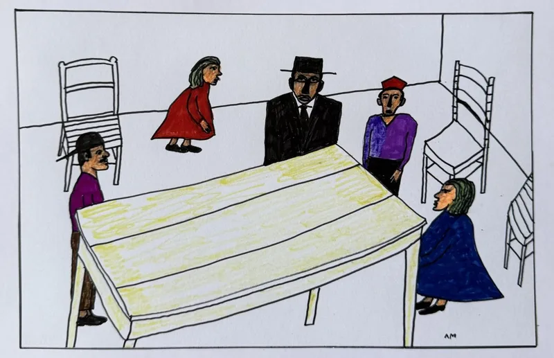 Chaises vides entourant une table jaune rayée, quatre figures colorées debout autour