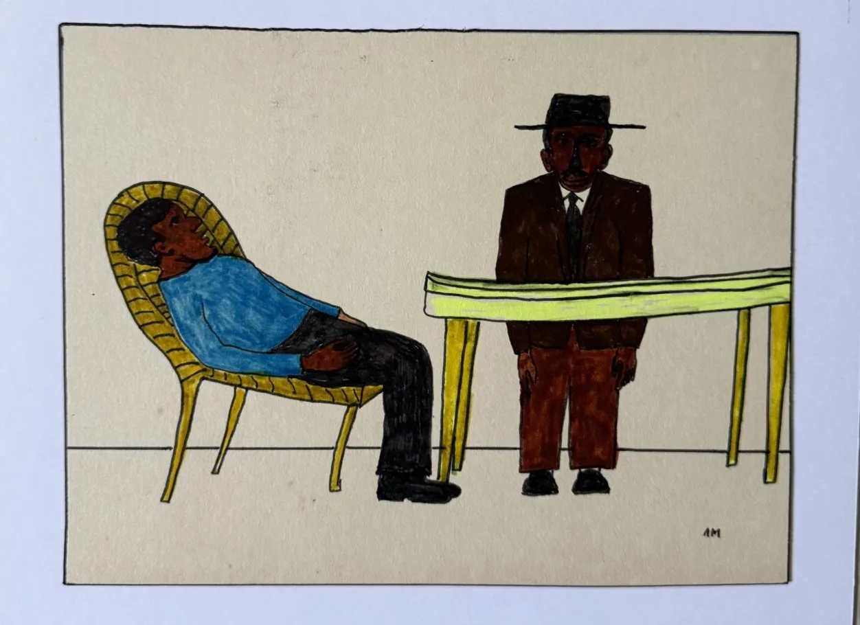 Homme somnolant sur une chaise, autre homme debout raide devant une longue table jaune