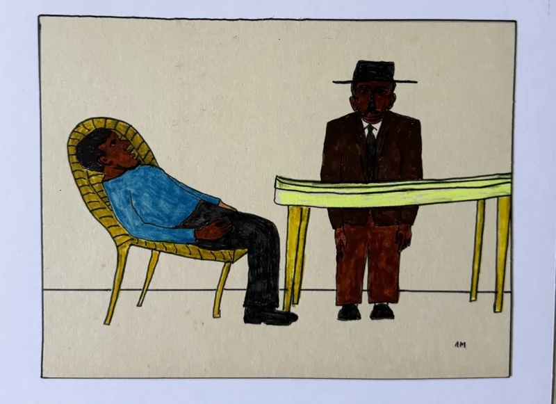 Homme somnolant sur une chaise, autre homme debout raide devant une longue table jaune
