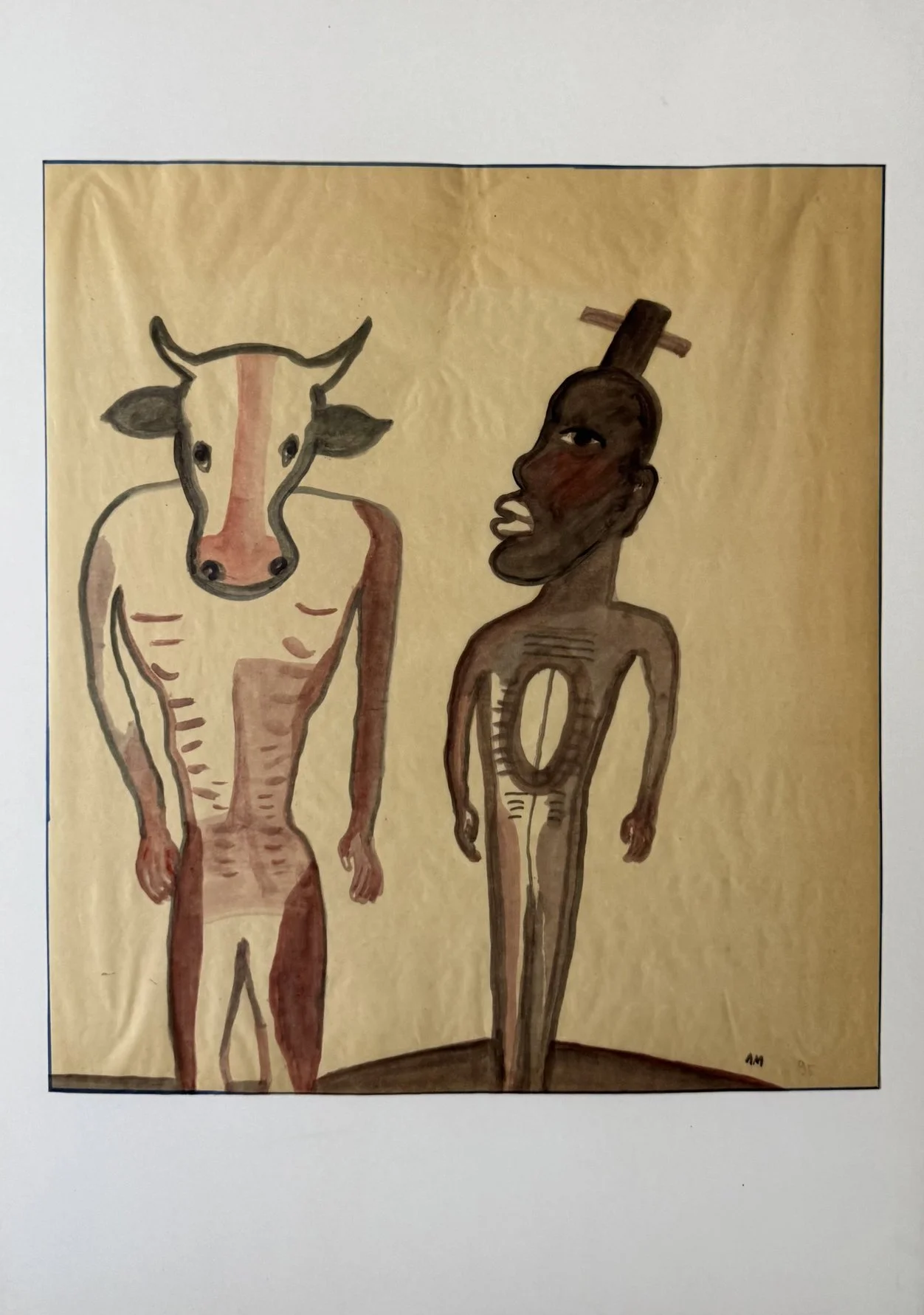Figure à tête de taureau et figure humaine marquée d'une petite croix, papier froissé doré