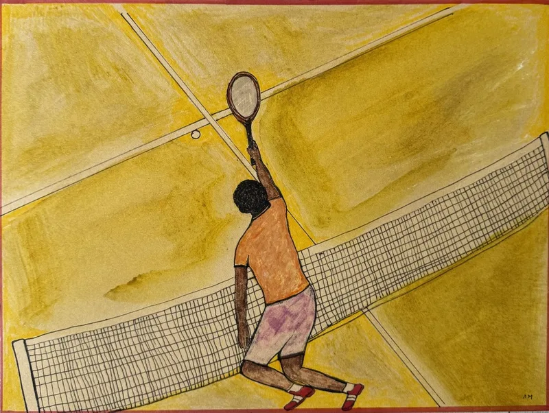 Joueur de tennis en plein service sur un court entièrement jaune