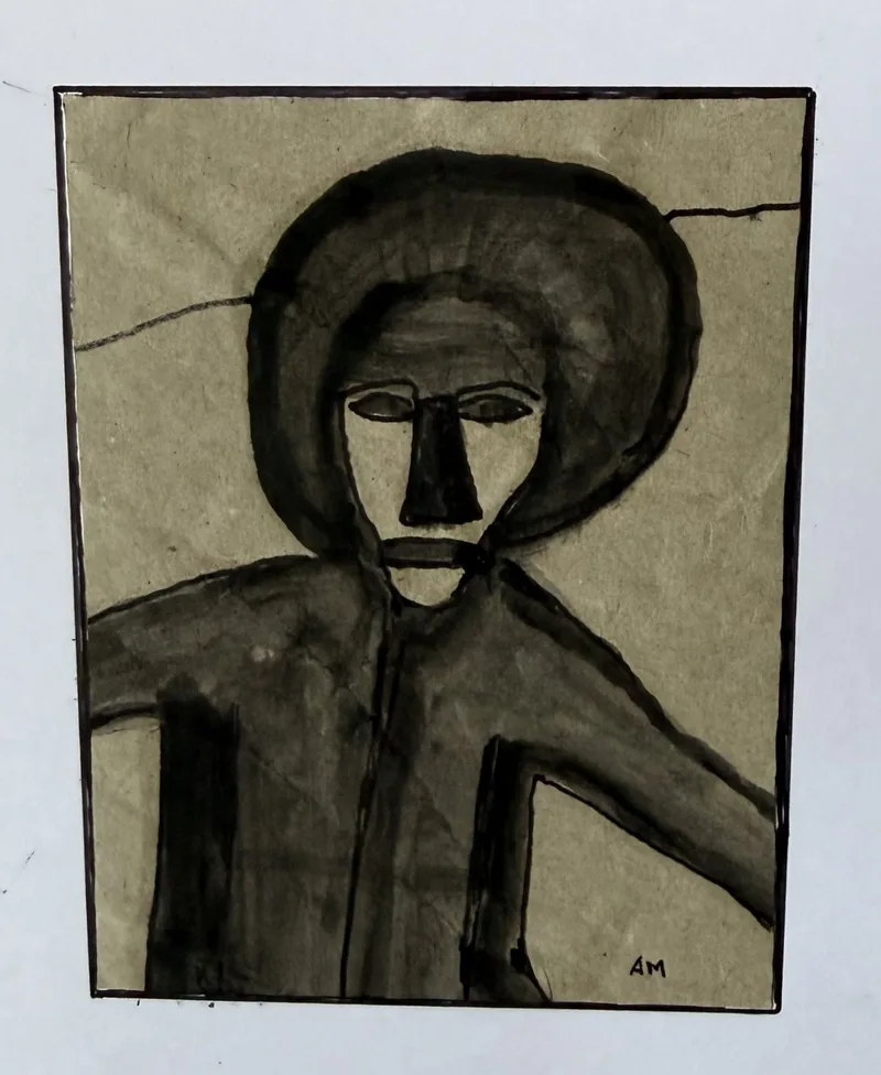 Petit portrait sombre d'un homme au large chapeau, fond vert texturé
