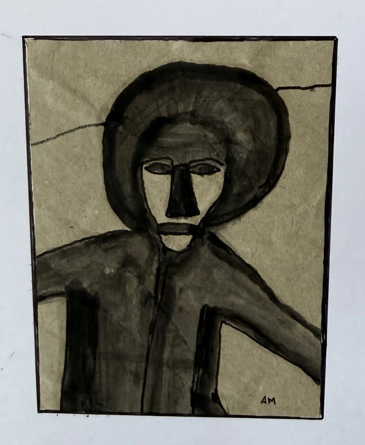 Petit portrait sombre d'un homme au large chapeau, fond vert texturé