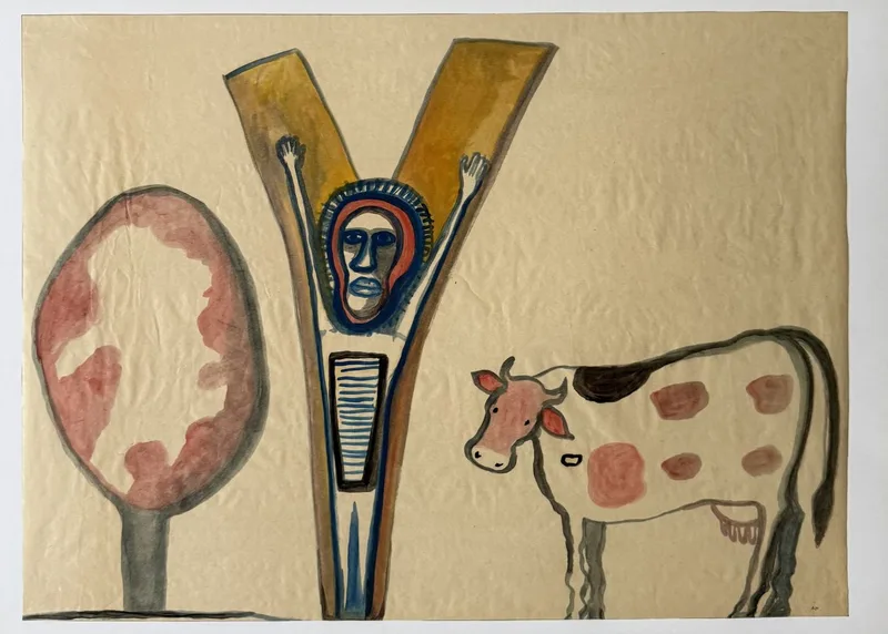 Forme totémique en Y jaune renfermant un visage peint, arbre rose rond et vache tachetée