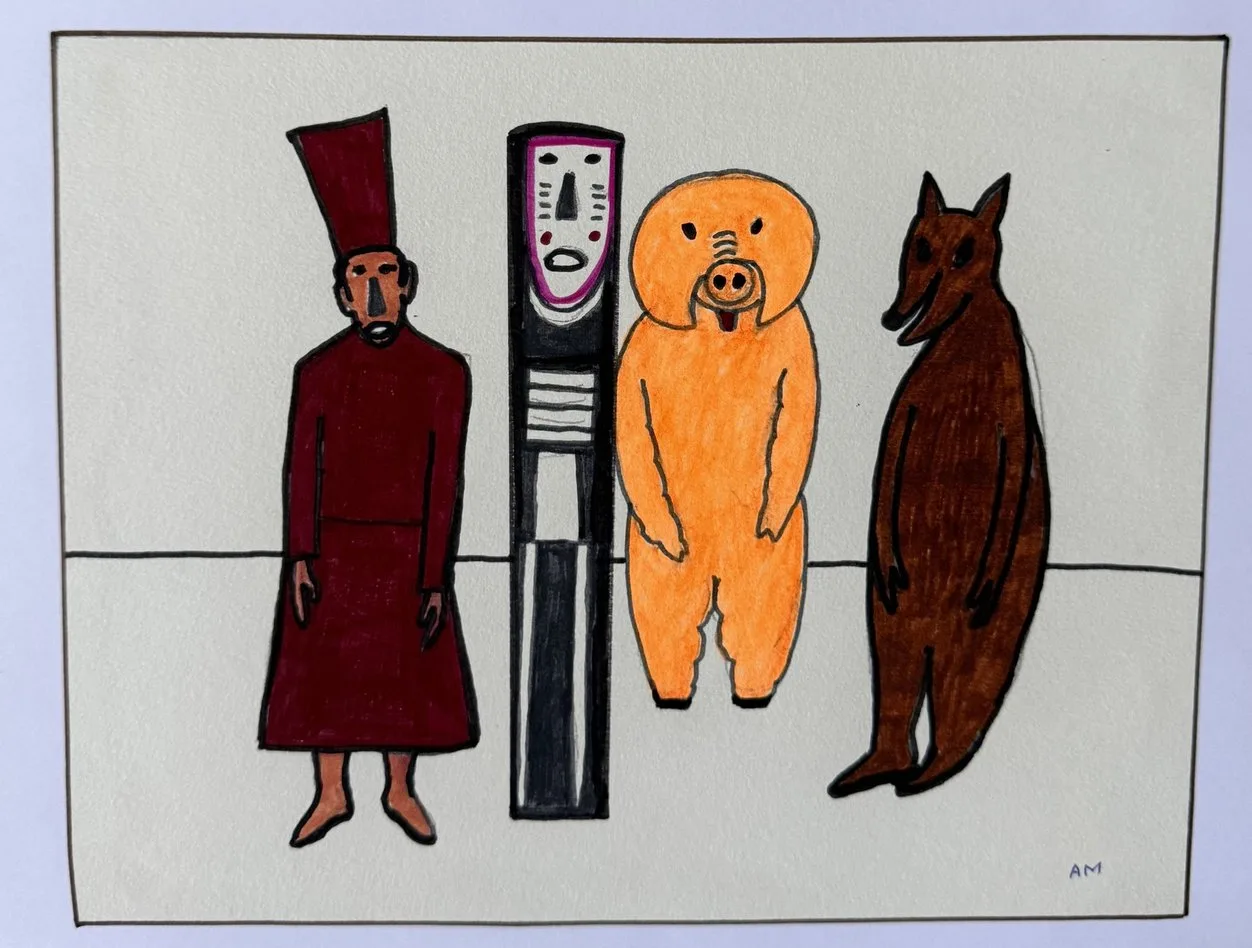 Quatre figures jouets alignées, robe rouge, machine rayée, costume de cochon orange, loup brun