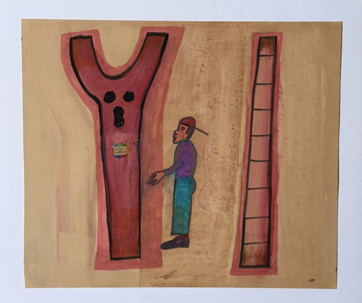 Forme en fourche et échelle dressées comme deux totems, homme minuscule entre elles