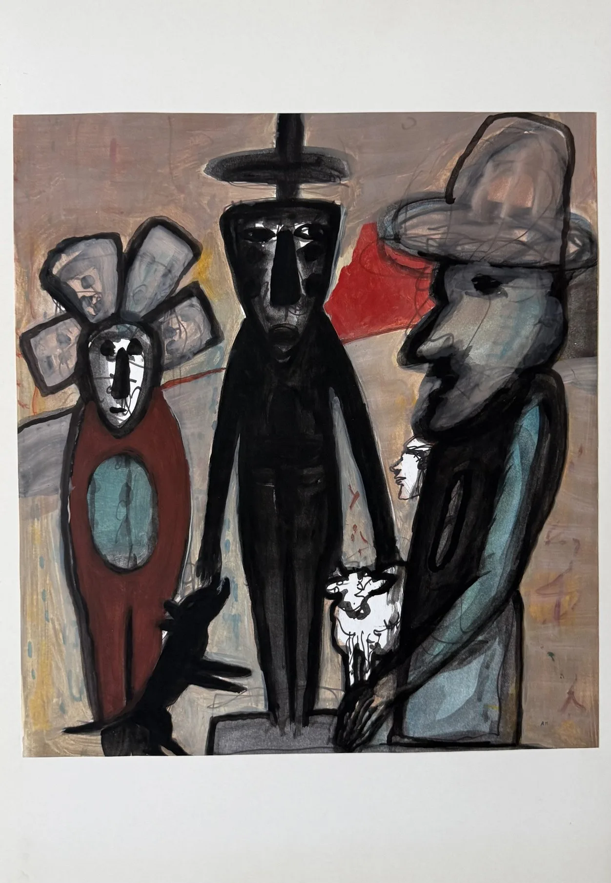 Figure à motif de fleurs, silhouette noire drapée et homme au grand chapeau avec un petit mouton