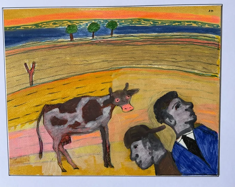 Vache tachetée et deux hommes regardant le ciel dans un champ orangé sous un coucher de soleil coloré