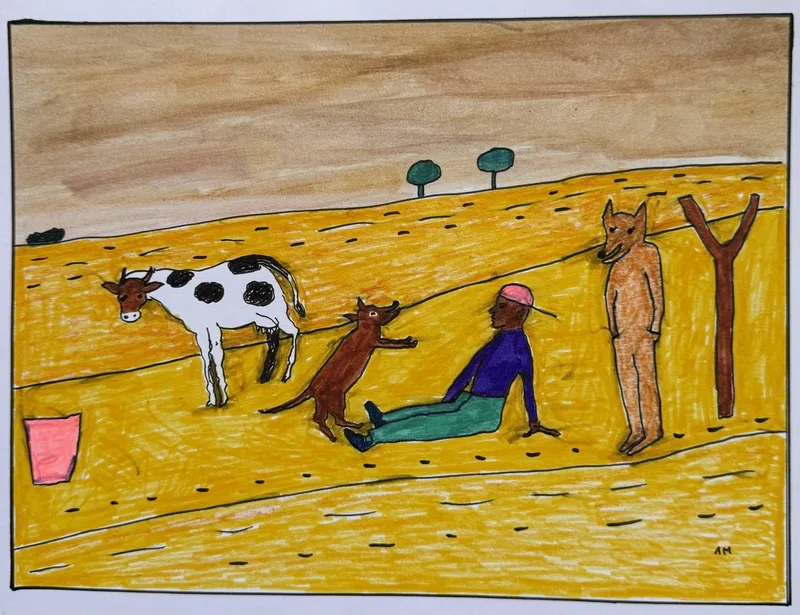 Vache tachetée, chien aboyant vers un homme assis en bleu, figure tan debout, champ jaune