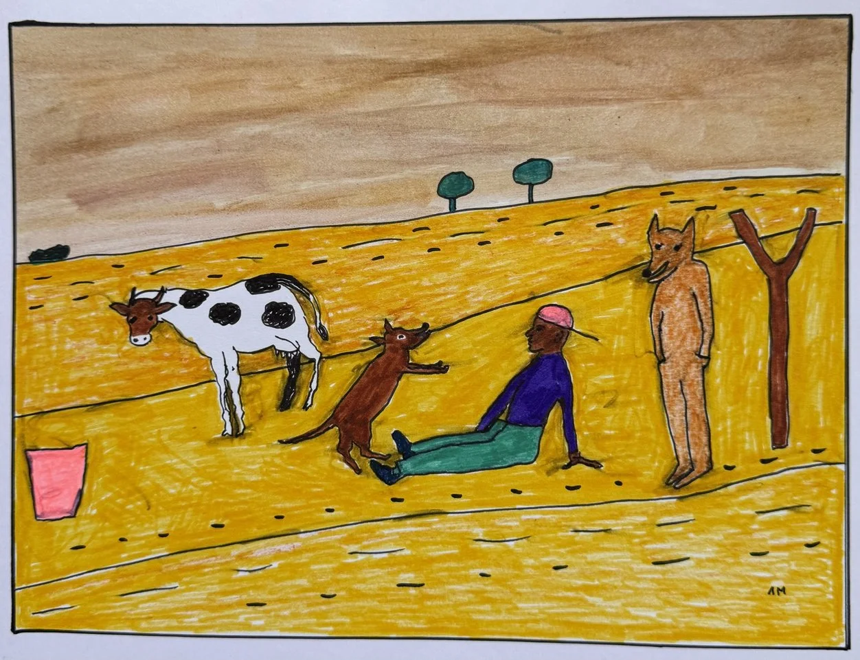 Vache tachetée, chien aboyant vers un homme assis en bleu, figure tan debout, champ jaune