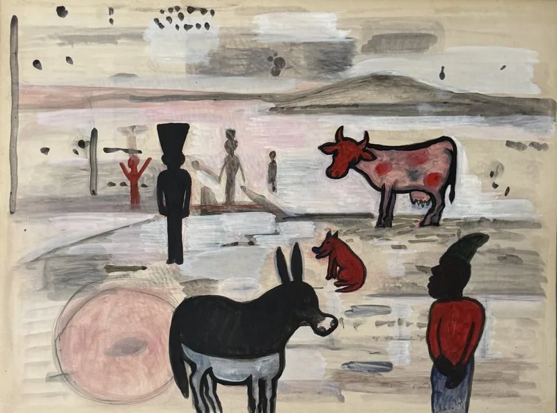Paysage désertique gris et rose, vache tachetée, âne noir, homme en rouge