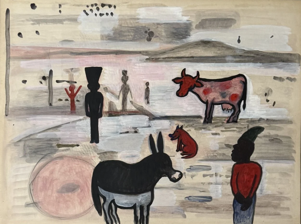 Paysage désertique gris et rose, vache tachetée, âne noir, homme en rouge