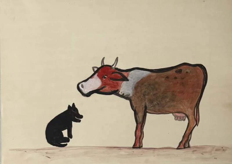 Chien noir assis levant les yeux vers une vache brune et blanche