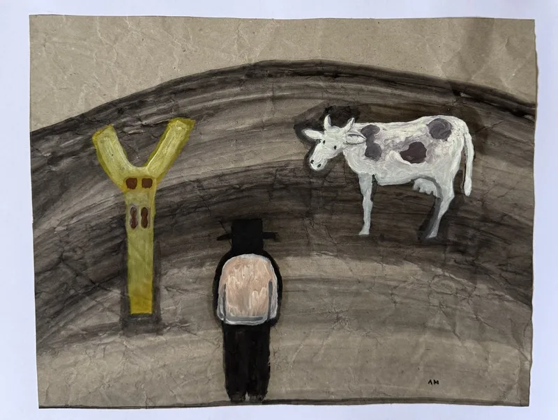 Totem jaune en Y, vache tachetée et petite silhouette au chapeau sur papier froissé gris
