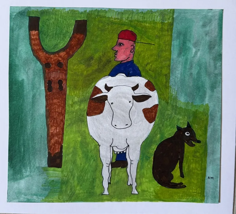 Grande vache blanche tachetée devant une forme totémique orange en fourche, homme au bonnet rouge, chien noir