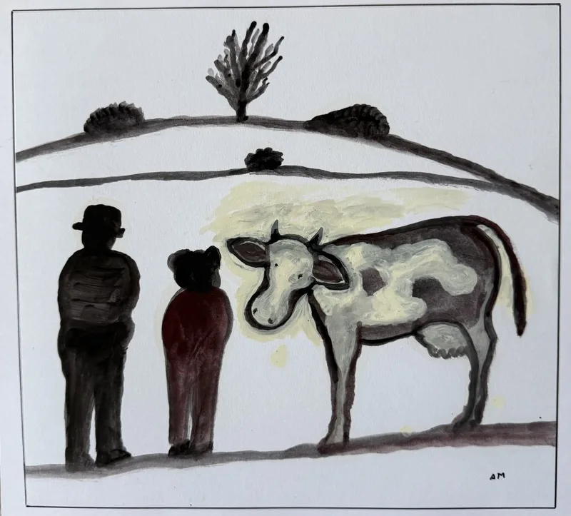 Deux hommes en silhouette et vache tachetée dans un paysage entièrement gris