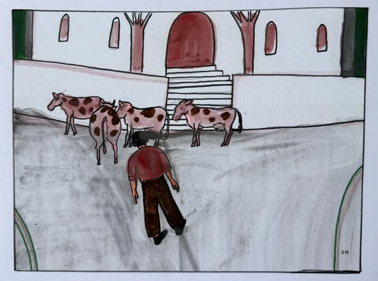 Homme menant des vaches tachetées dans une cour blanche entourée d'une bâtisse à escalier rouge