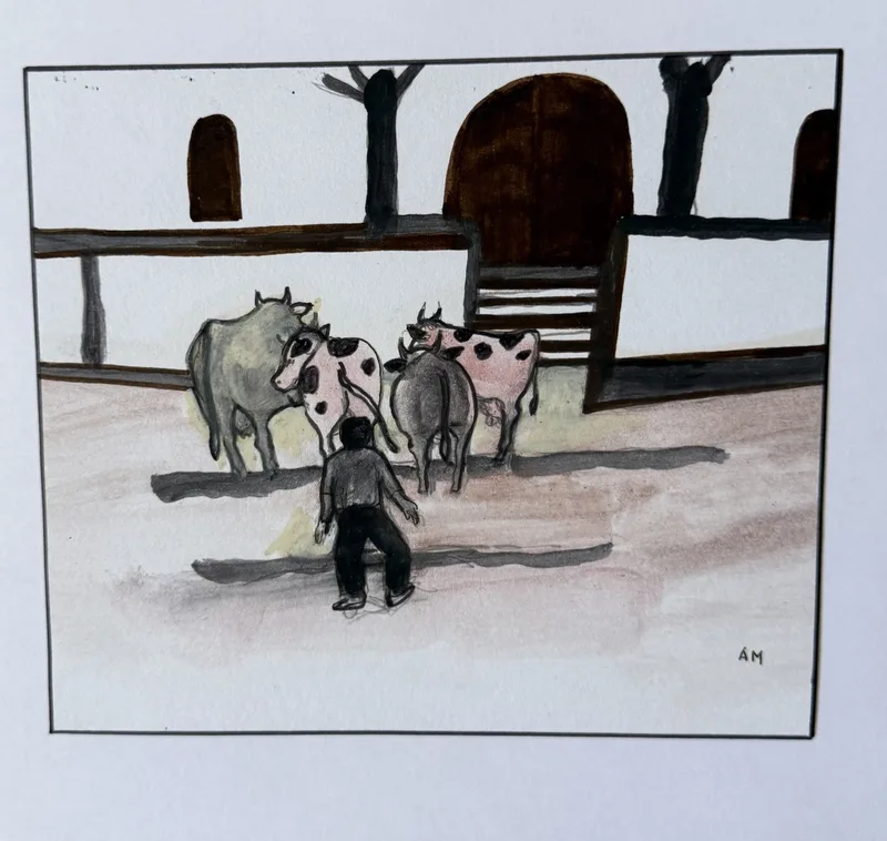 Petit troupeau de vaches dans une cour de ferme bordée de bâtiments, enfant menant le troupeau