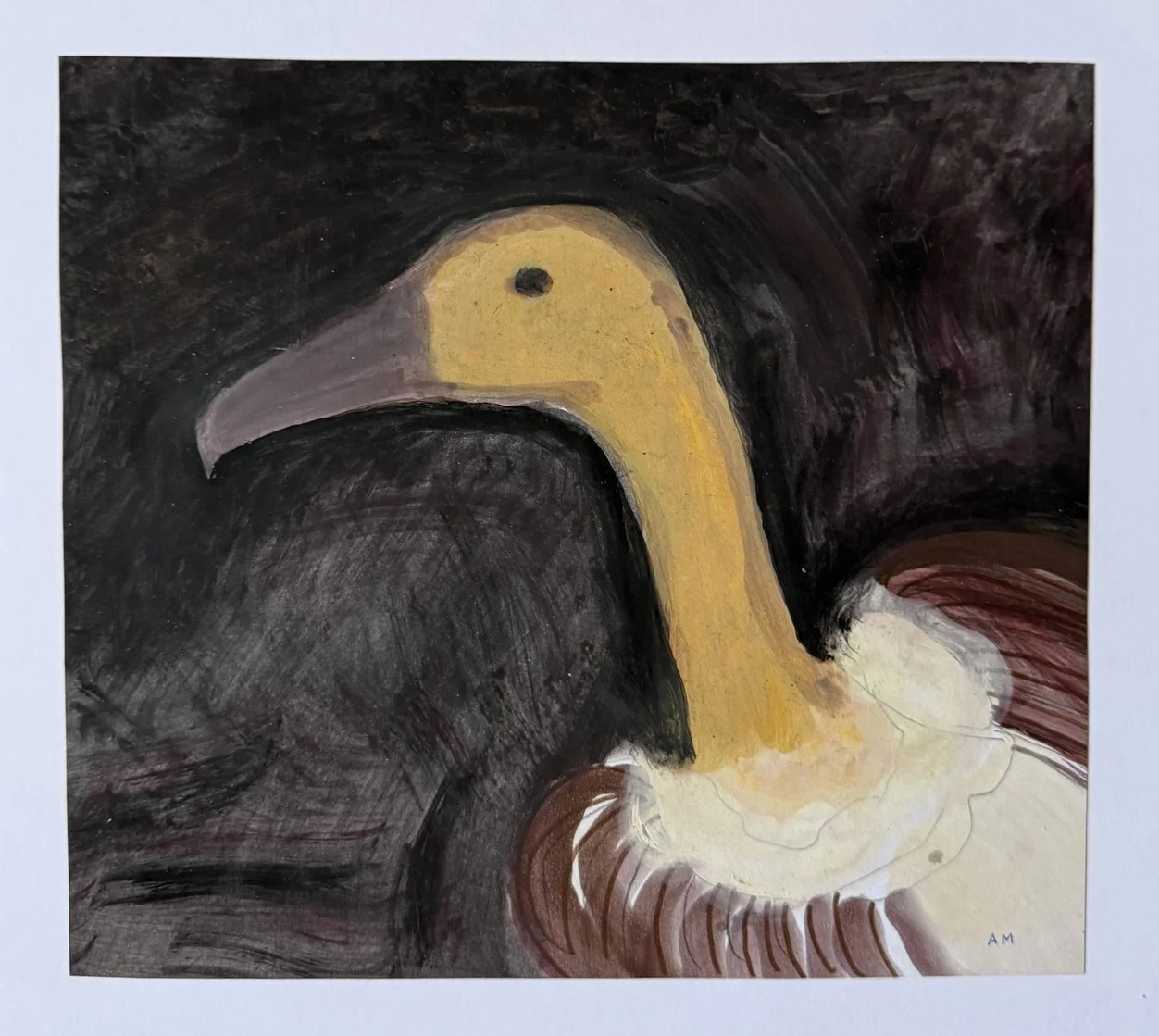 Gros plan sur une tête de vautour pâle au long bec, plumage sombre, fond noir