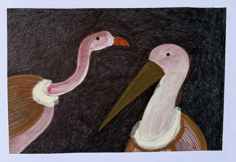Deux têtes d'oiseaux roses au long cou se faisant face sur fond sombre