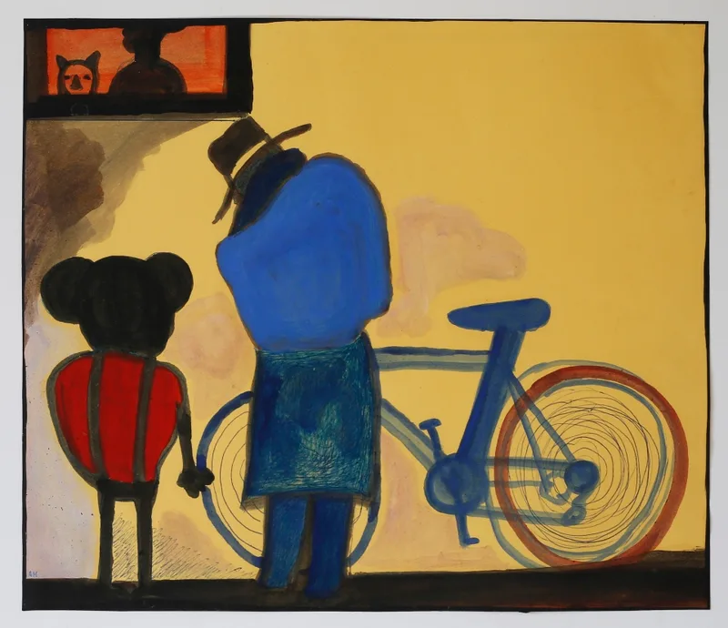 Bicyclette peinte à l'huile en traits vifs, objet du quotidien transformé en signe